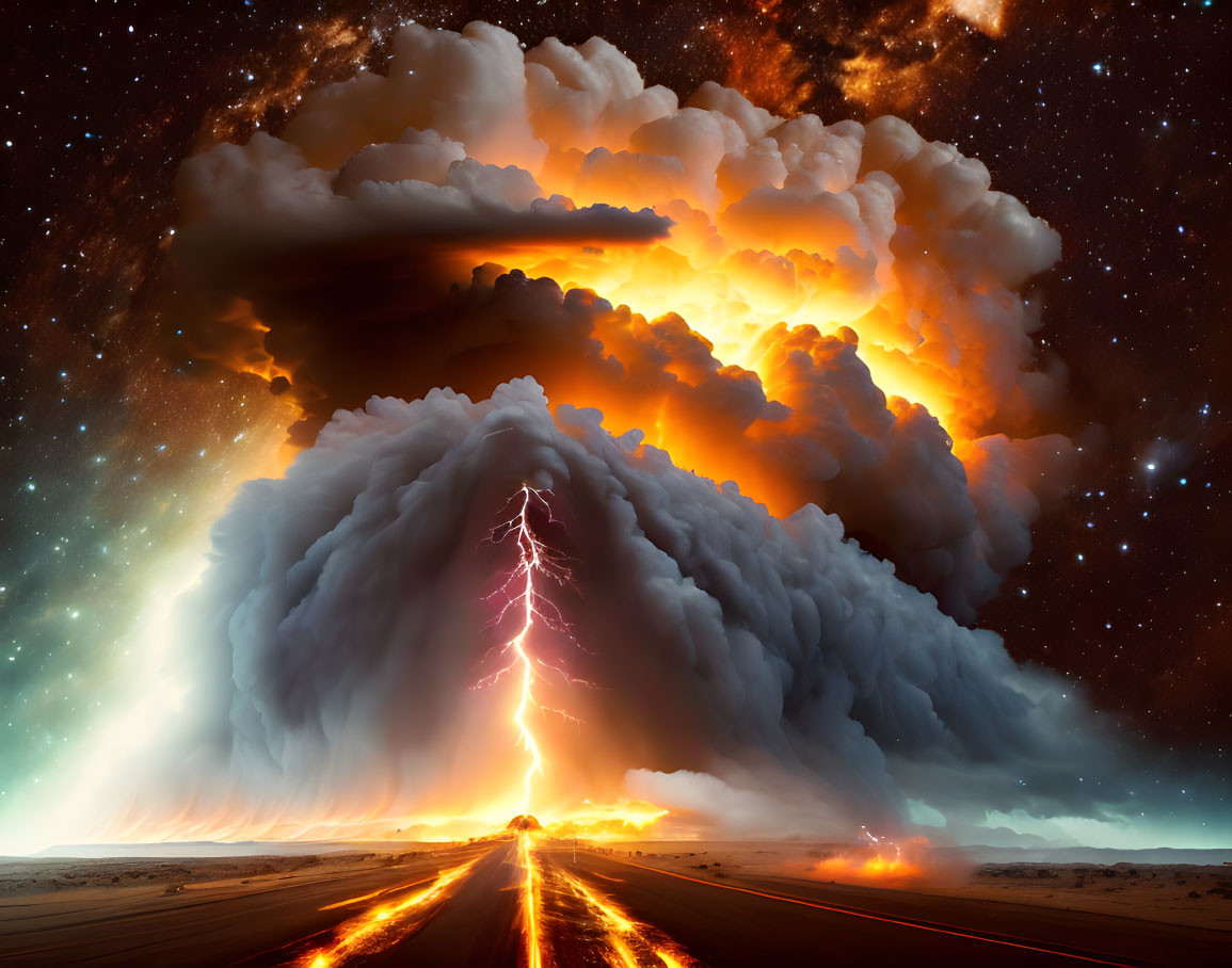 Majestic thunderstorm with lightning in starry night sky