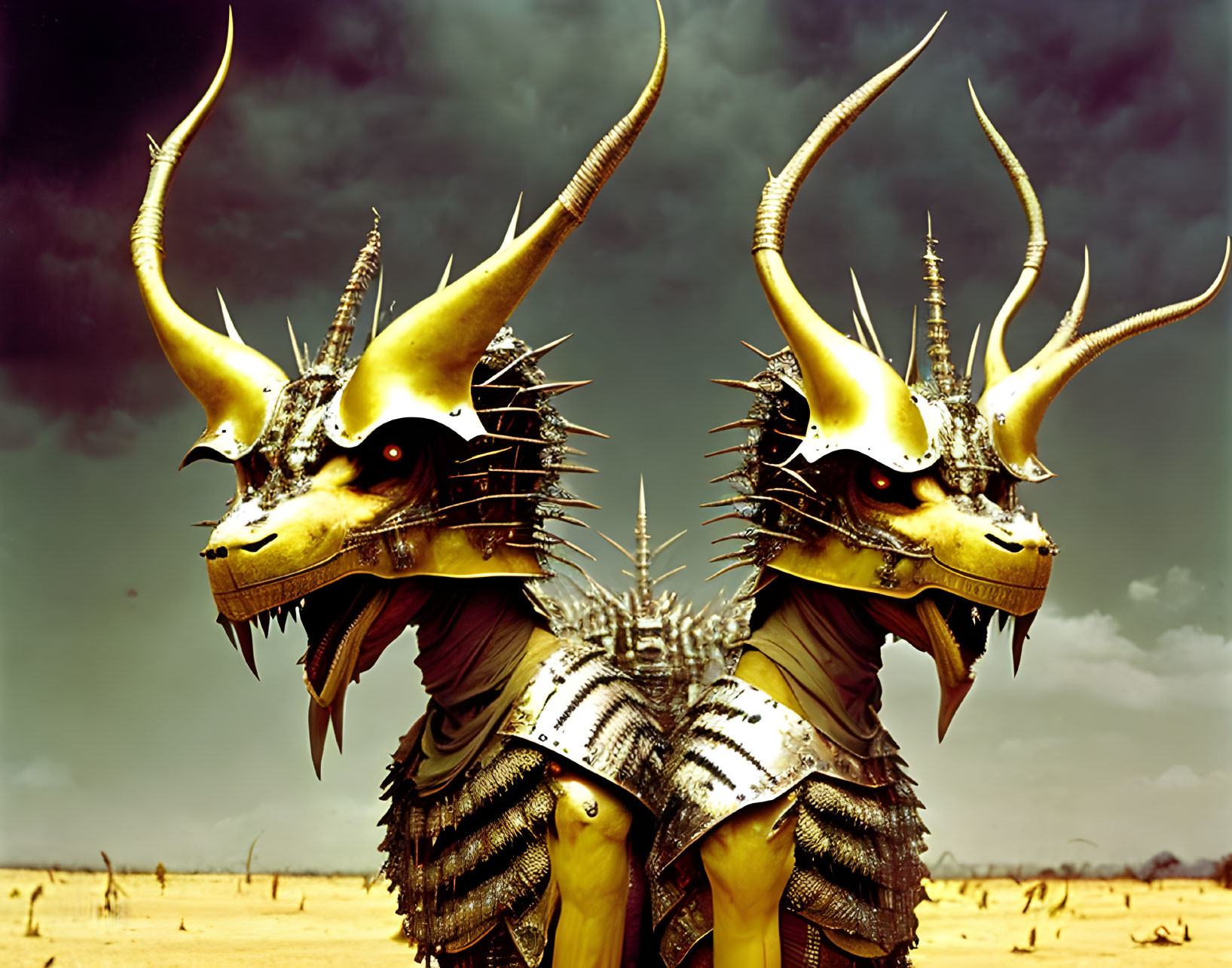 Fantastical creatures with dragon-like heads in metallic helmets against stormy landscape