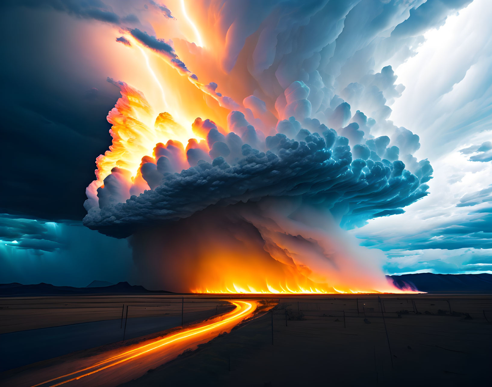 Intense thunderstorm with massive anvil cloud and orange lightning