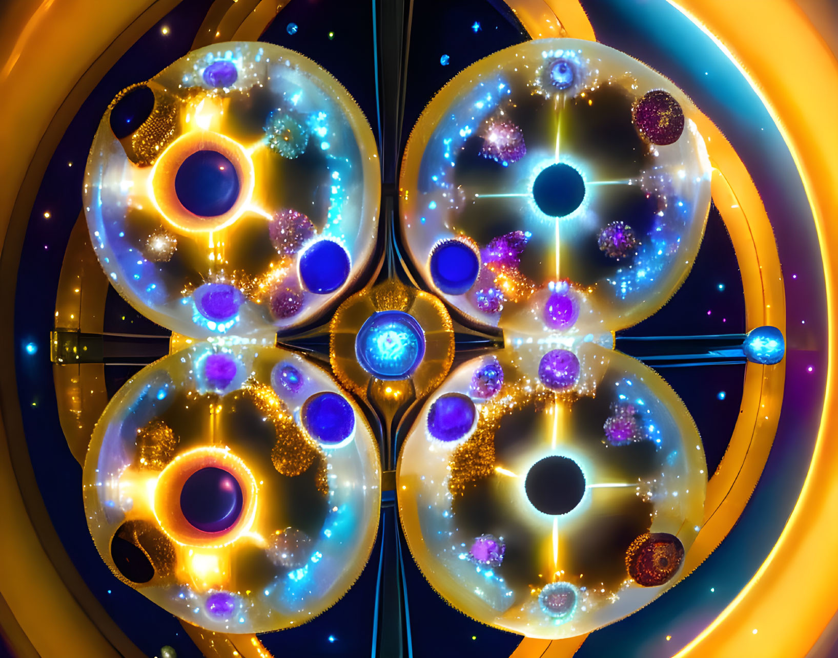 Abstract Fractal Image with Symmetrical Patterns and Glowing Orbs