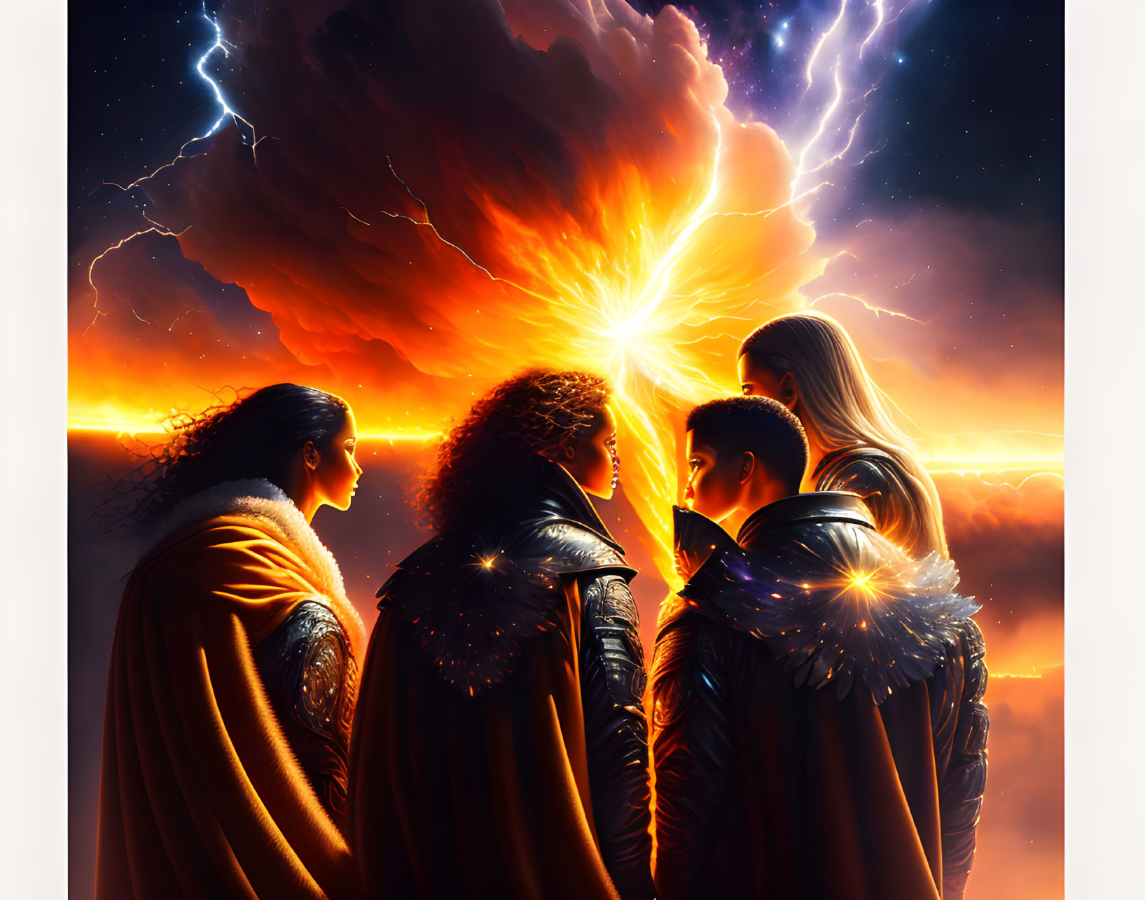 Four individuals in ornate clothing witness cosmic event with lightning and radiant explosion above golden clouds