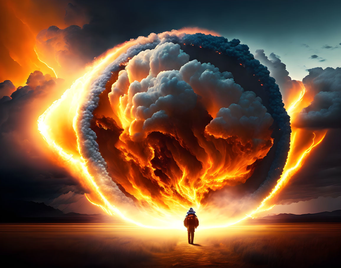 Person faces fiery explosion and sunset in tranquil landscape