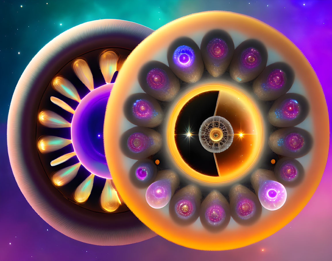 Colorful Nested Circles on Cosmic Background: Surreal 3D Illustration