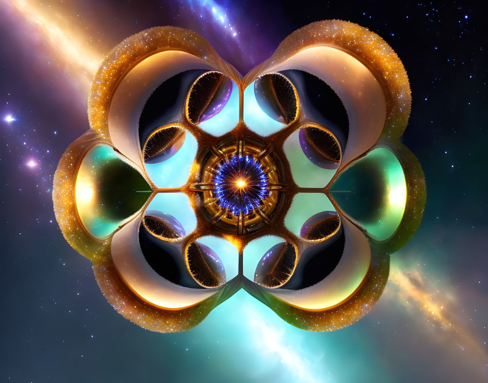 Symmetrical fractal image with warm golden tones and cool blues and greens on cosmic backdrop