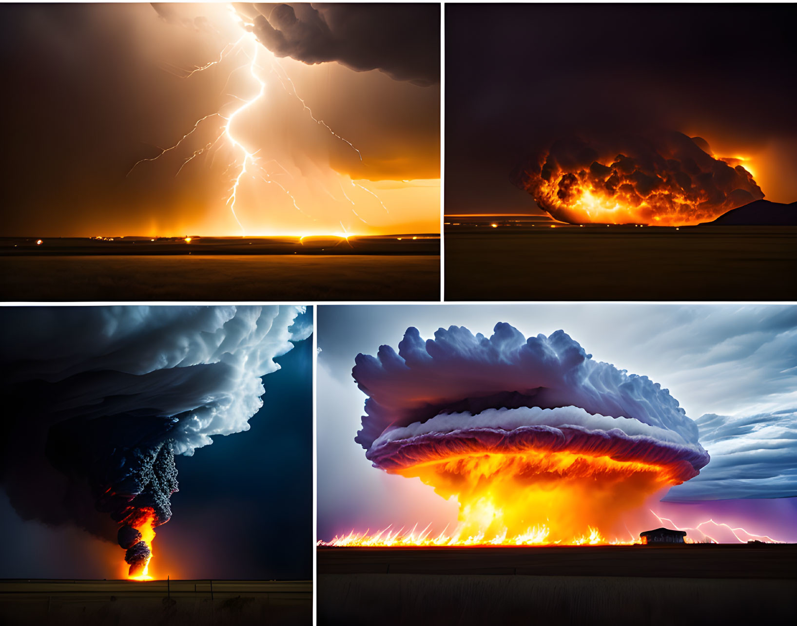 Collage of Dramatic Weather Images: Lightning, Fiery Cloud, Volcanic Eruption,