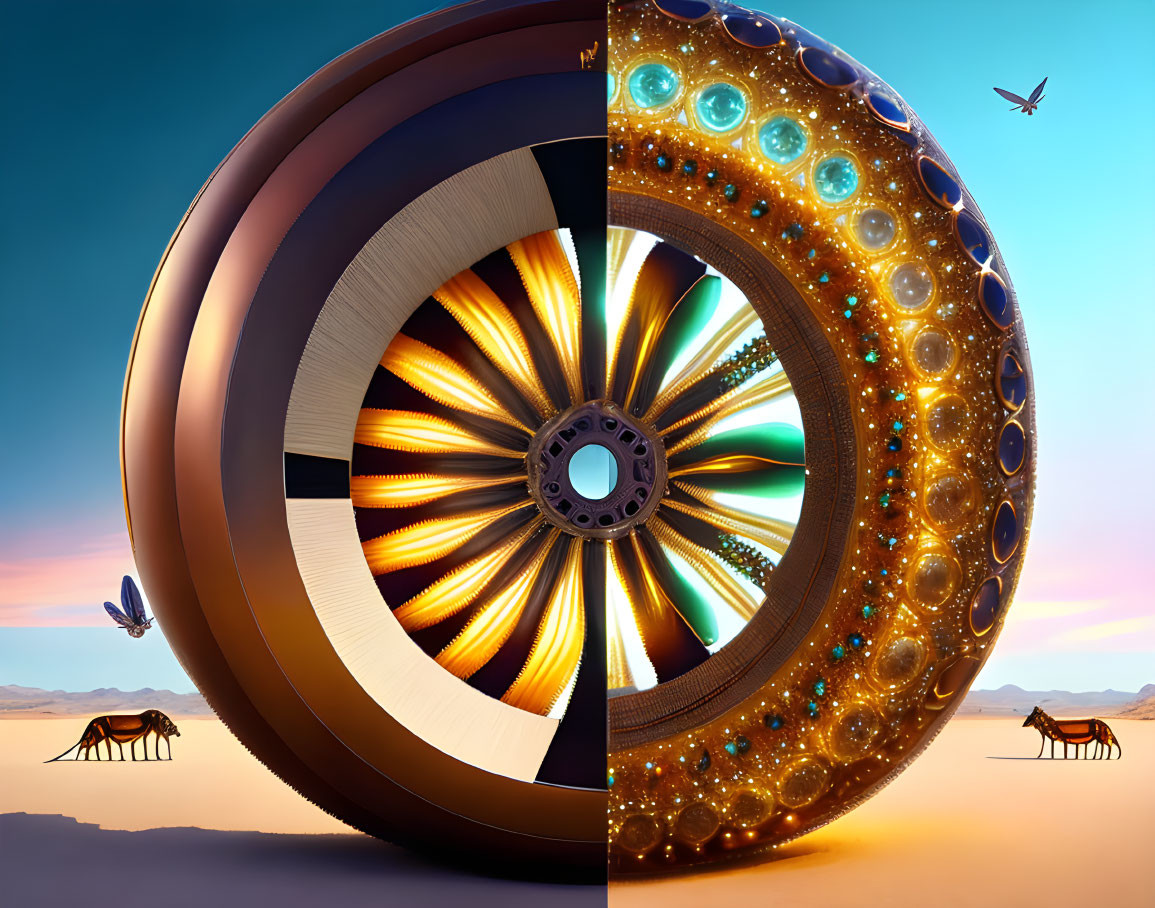 Surreal digital art: oversized gem-studded tire in desert with antelopes & plane