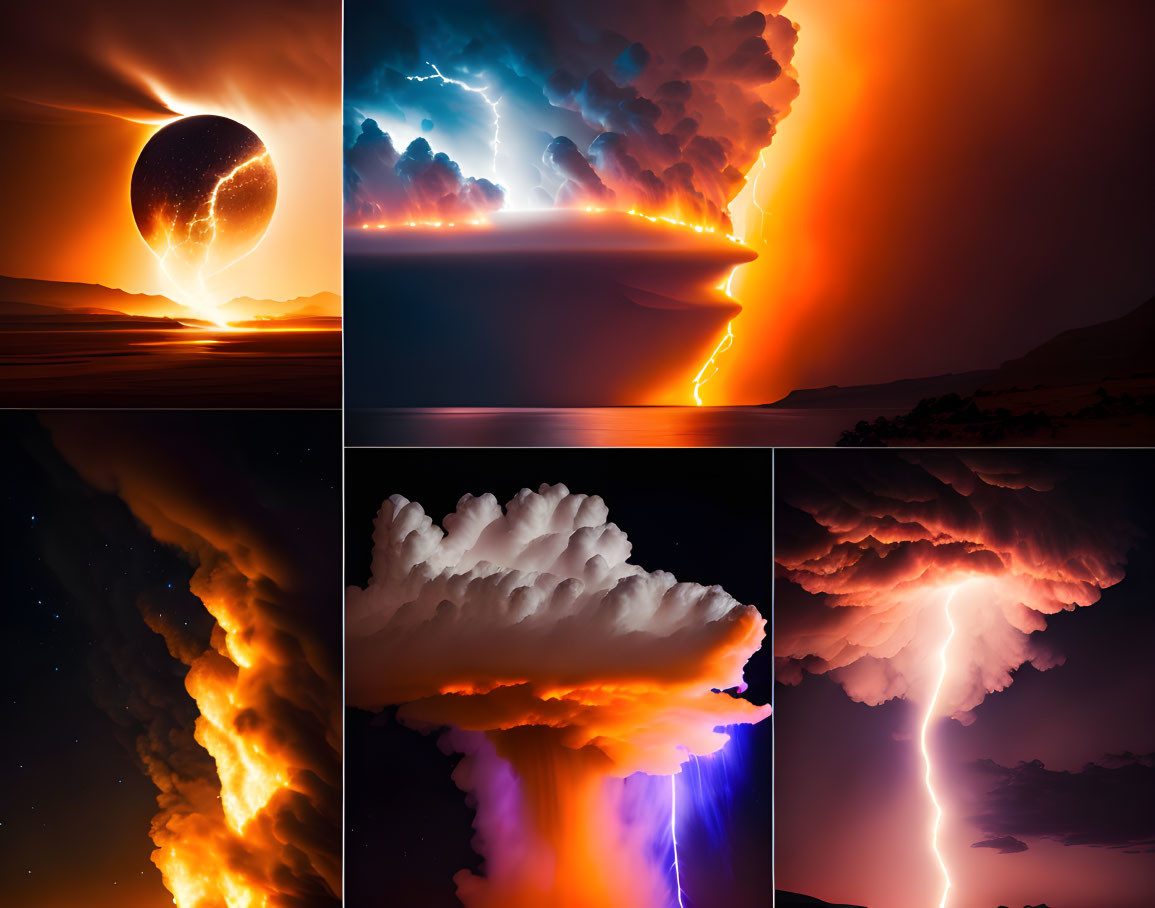 Collage of Vibrant Weather Phenomena: Lightning, Tornado, Eclipse