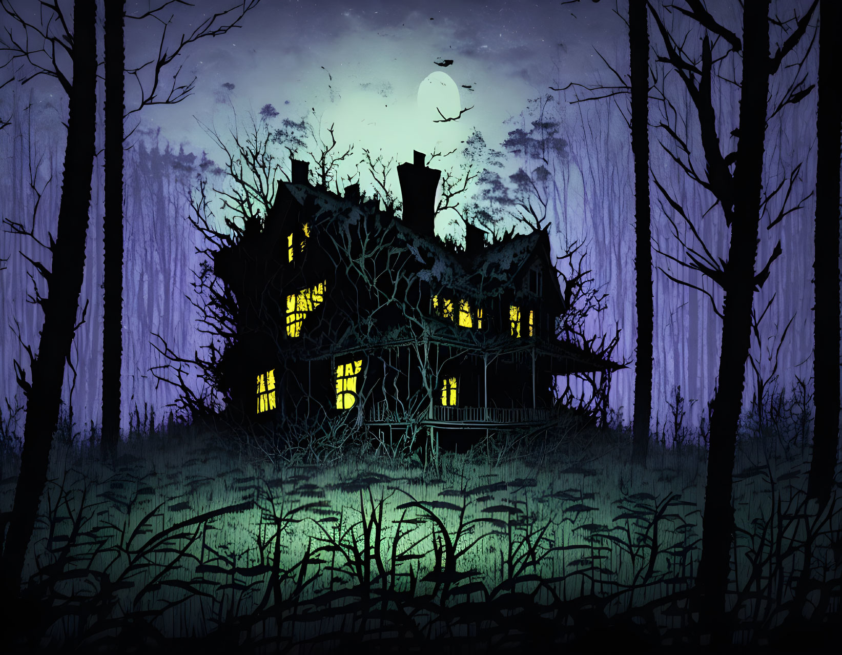 Illustration of dilapidated house in dark forest at night