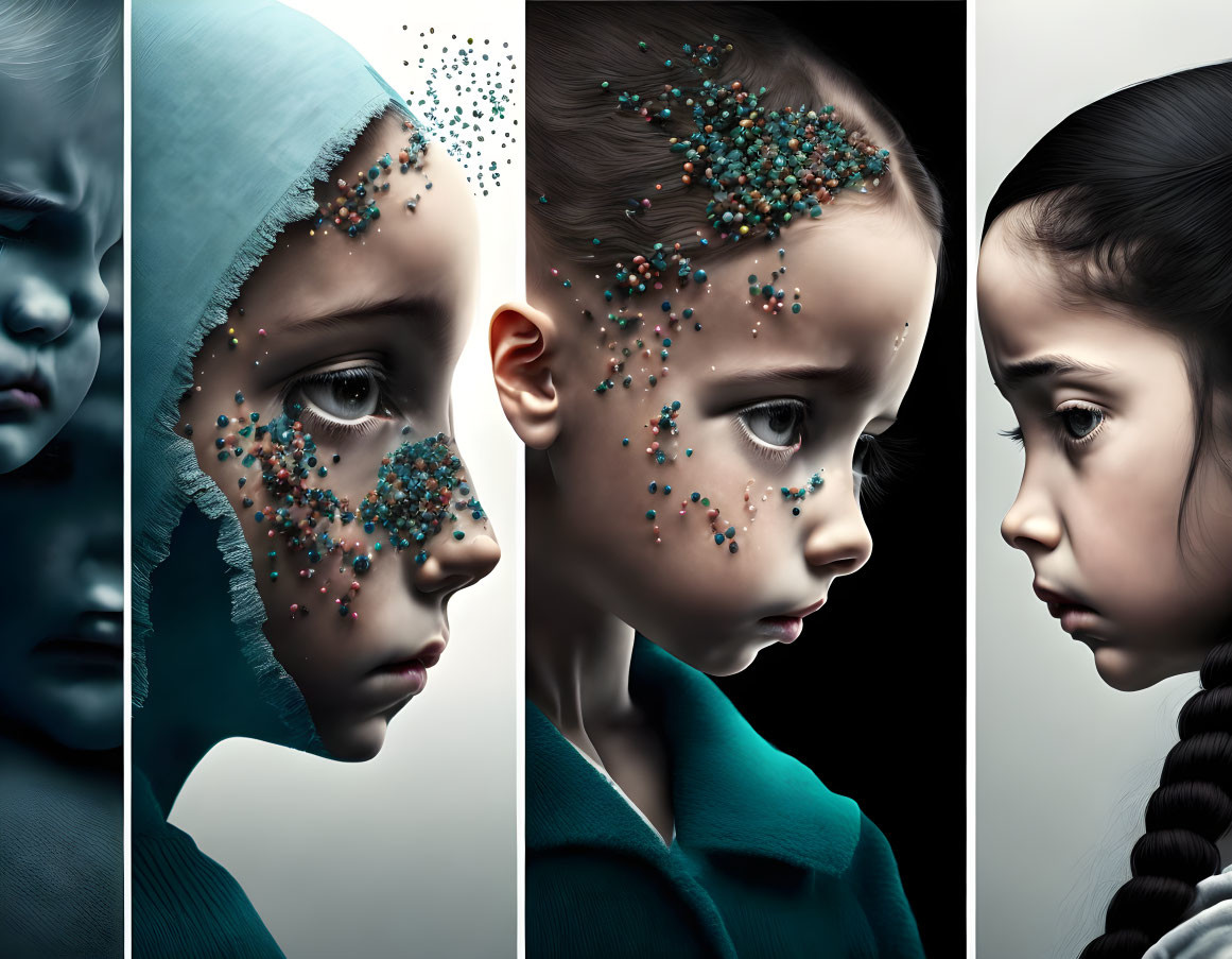 Artistic portraits of child with beads covering face, left to right, on dark backdrop