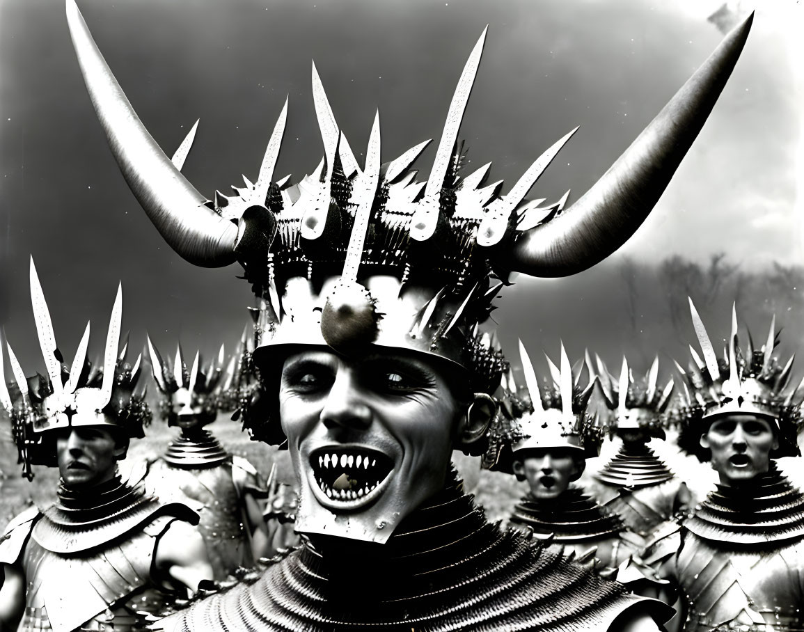 Monochrome photo of people in spiked helmets with energetic expressions