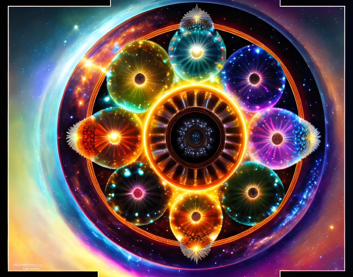 Colorful Mandala-Inspired Digital Art with Cosmic and Floral Elements