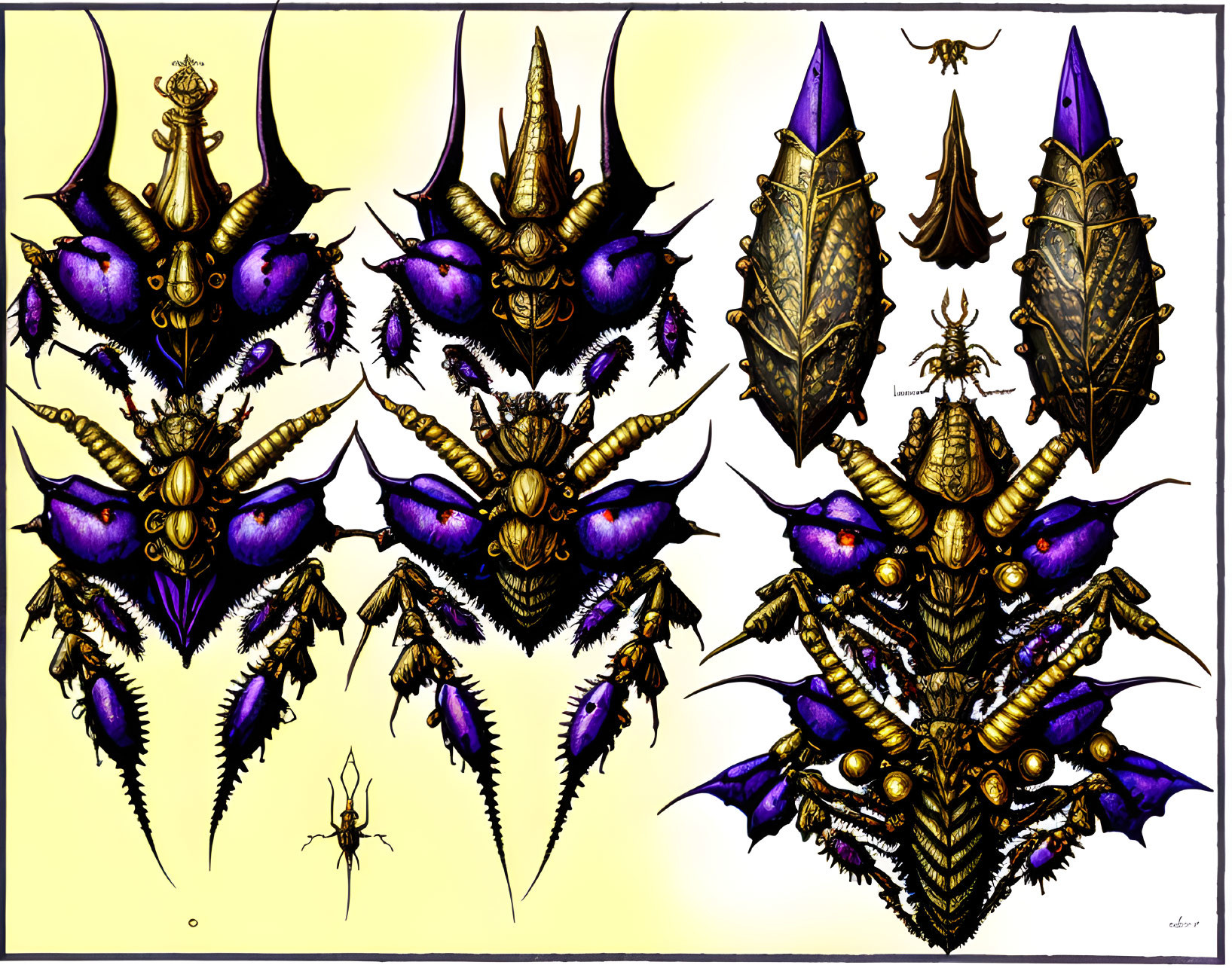 Imaginative insect-like creatures in metallic violet and gold armor