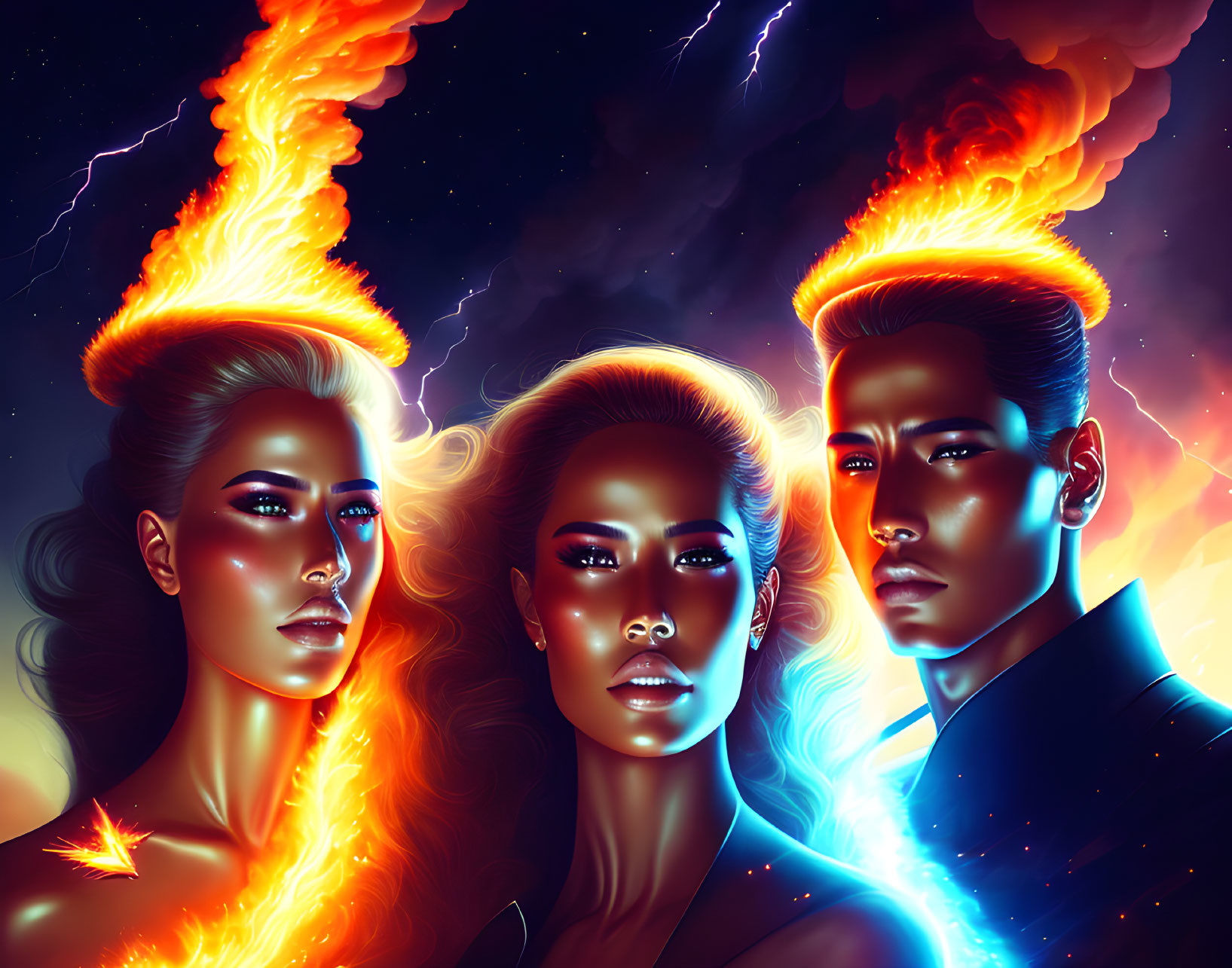 Stylized fiery hair people against cosmic lightning background