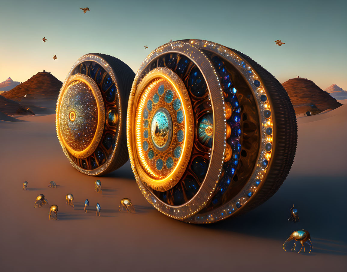 Ornate circular structures with glowing patterns in desert landscape