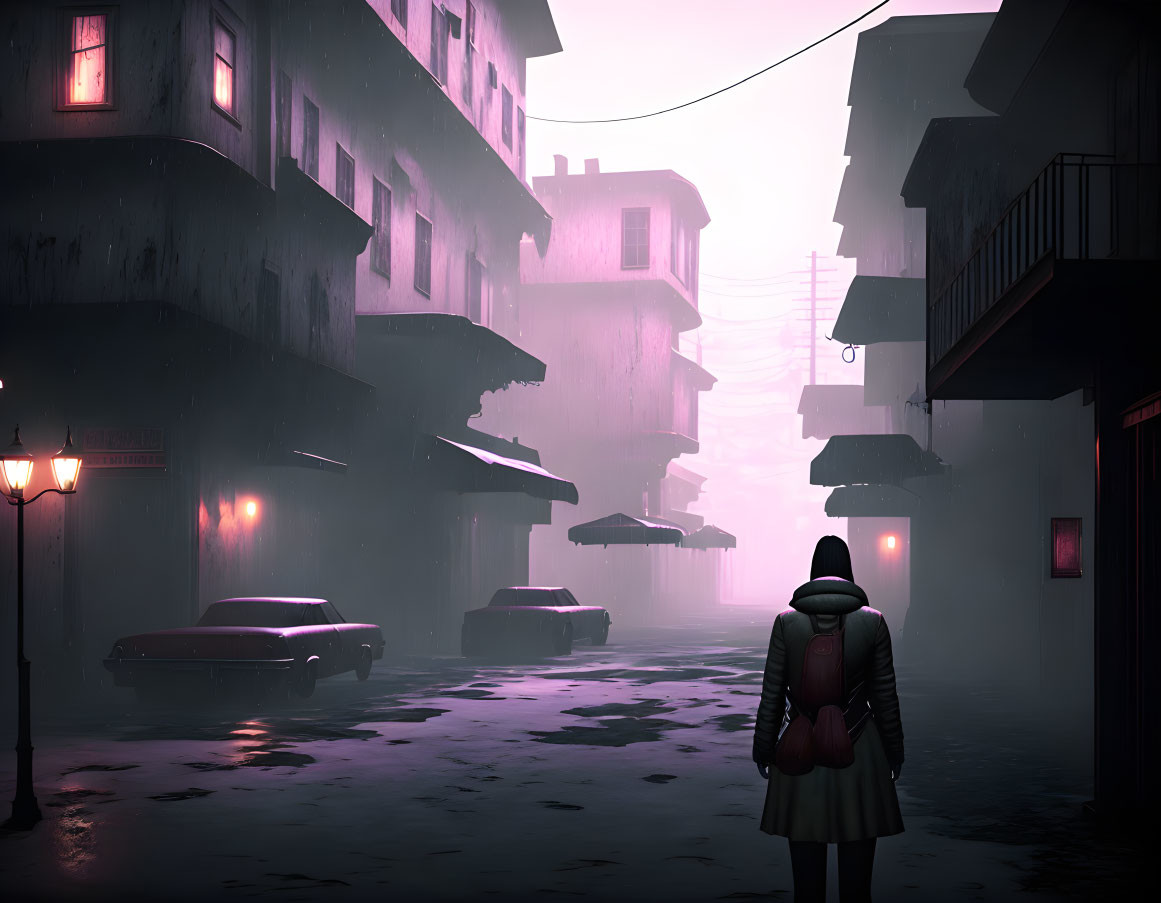 Person with backpack in foggy, dimly lit street at dusk