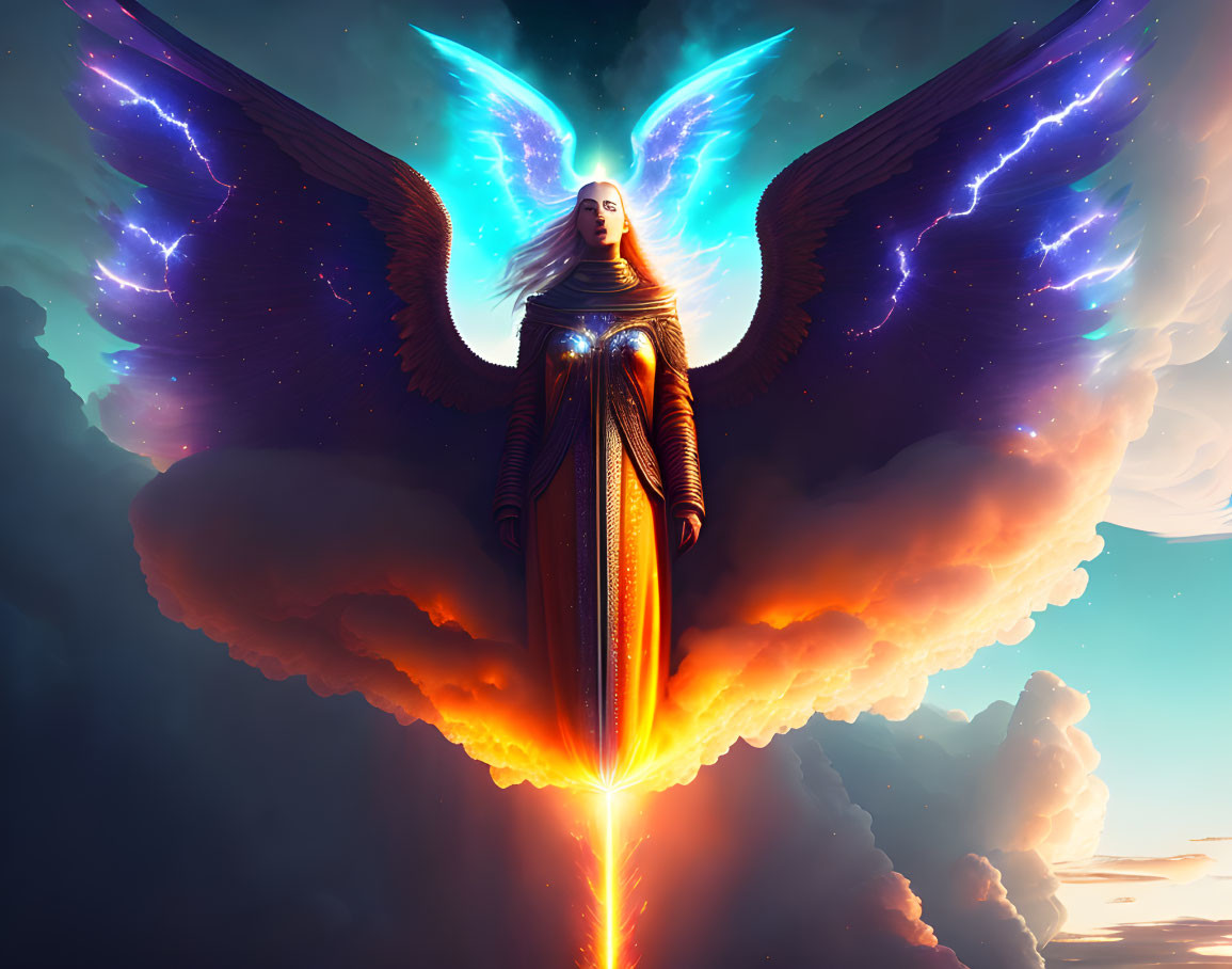 Ethereal figure with cosmic wings in vibrant clouds