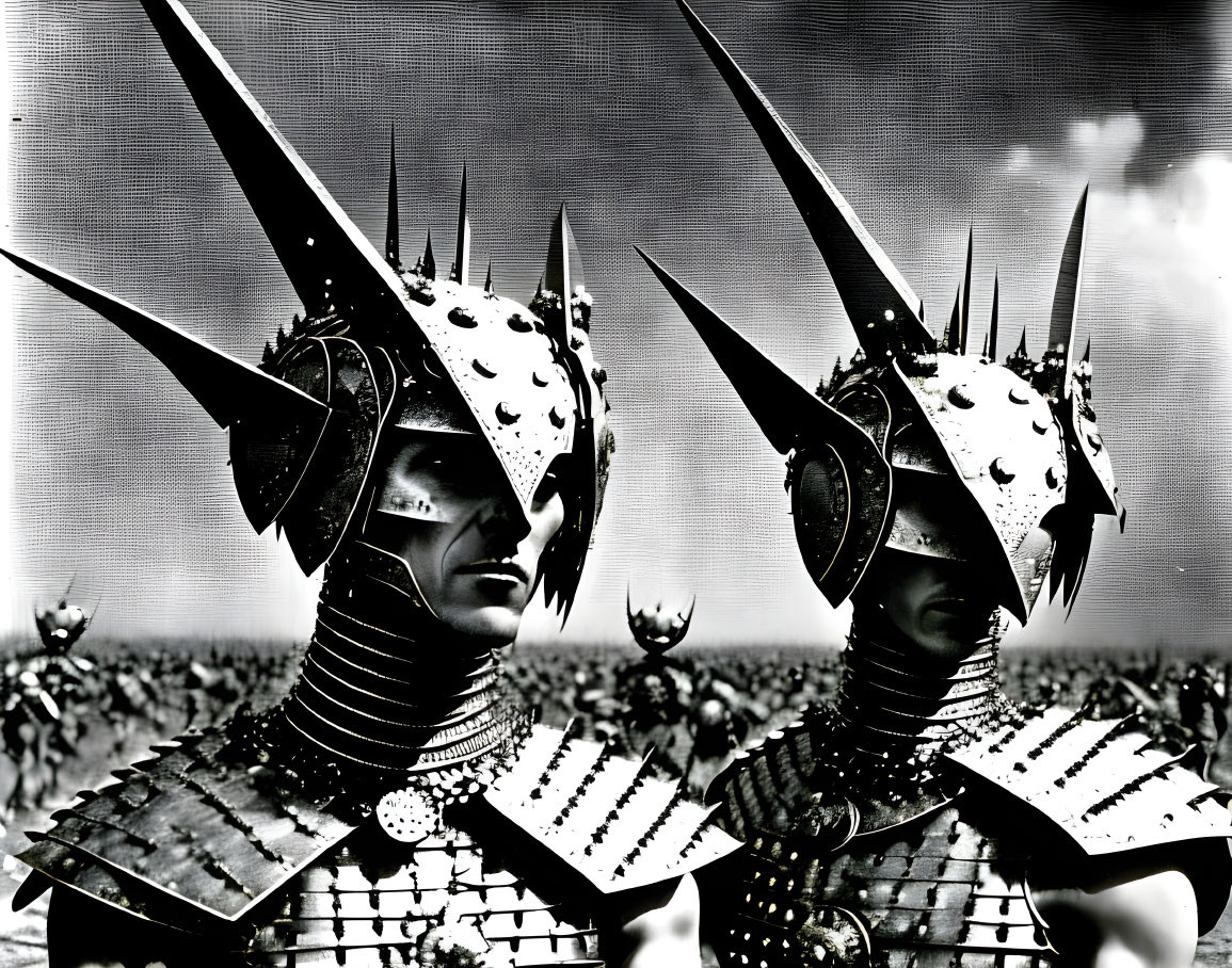 Elaborate spiked helmets on armored individuals in front of blurred army