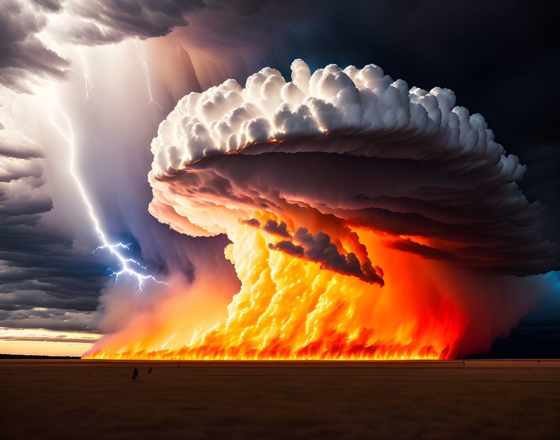 Fiery explosion under towering thundercloud with lightning bolts