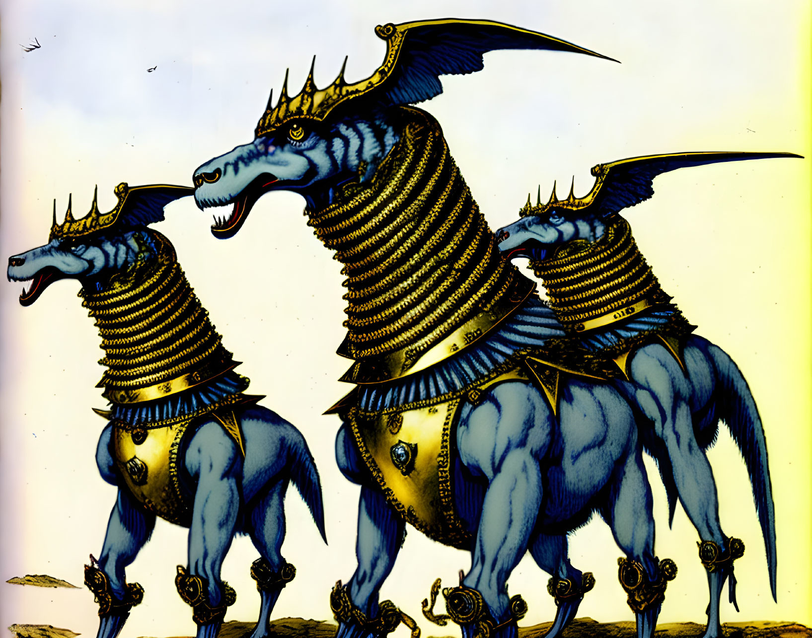 Mythical three-headed dragon creature in gold and blue armor on yellow background