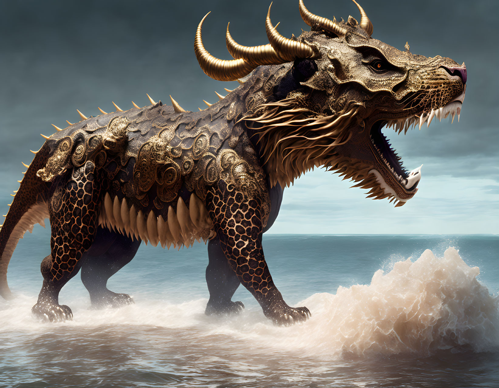 Digital Artwork: Dragon with Golden Horns and Scales Rising from Sea