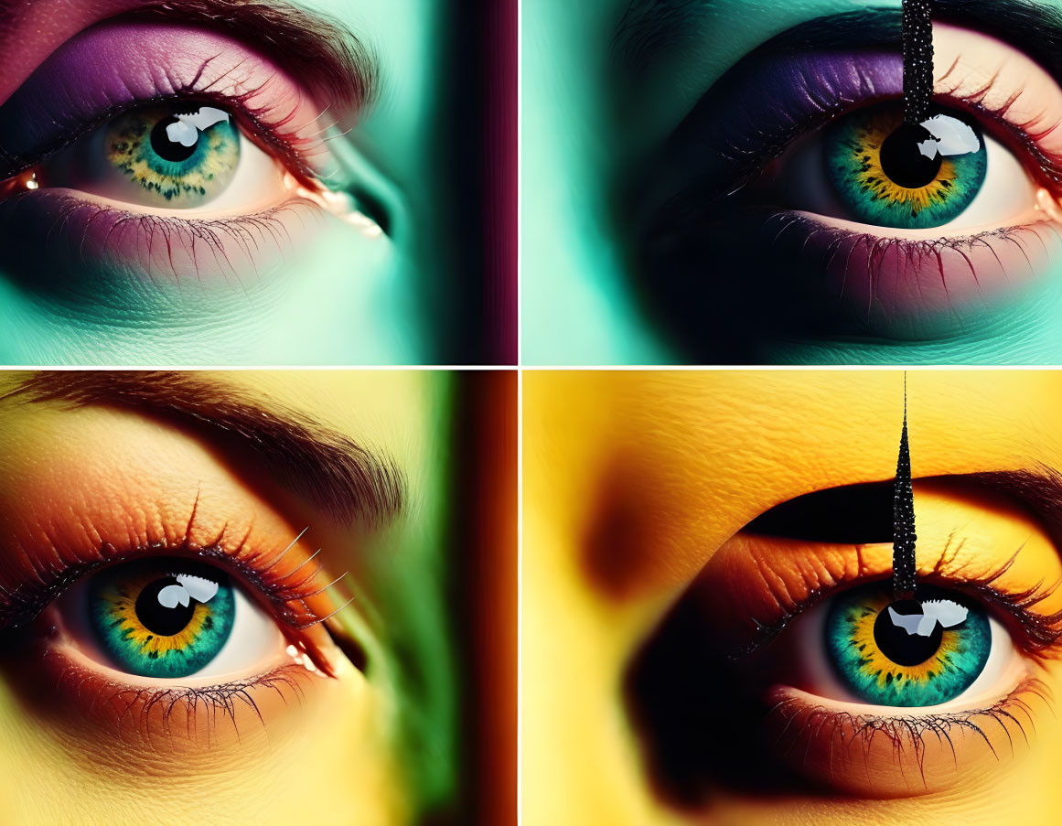 Close-up Human Eyes with Colorful Makeup and Vibrant Backgrounds