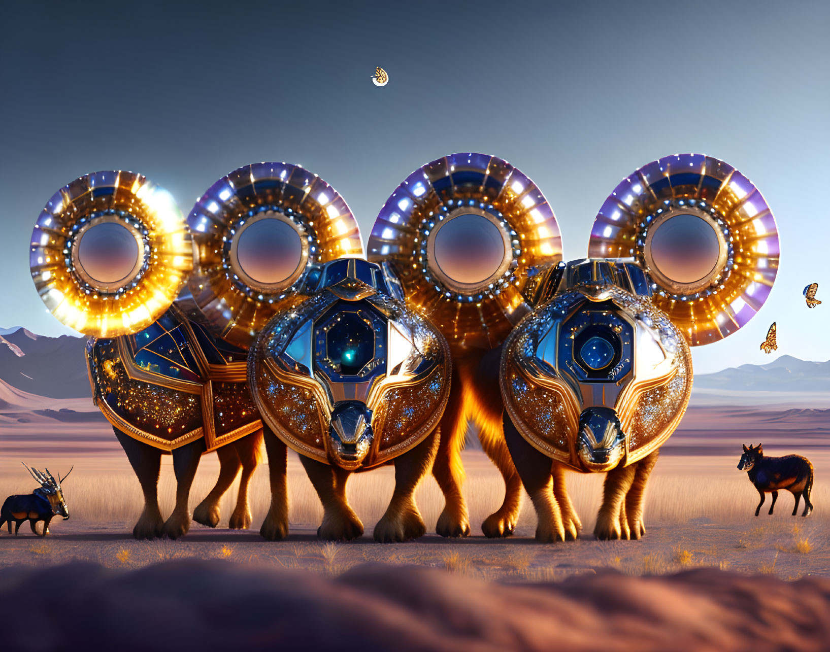 Four futuristic mechanized elephants with glowing tusks and ornate headgear in a desert at dusk with