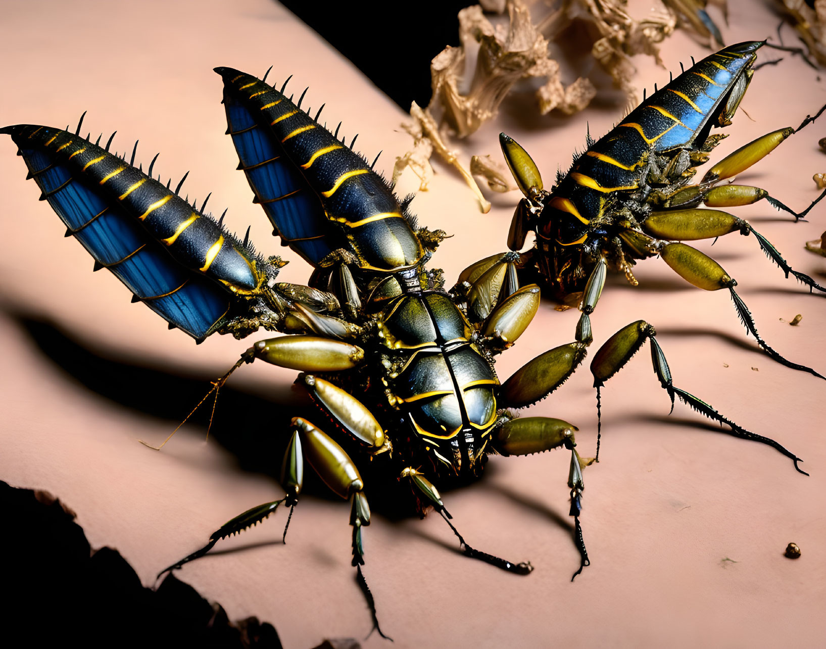 Metallic mechanical insects on torn edge surface in blue, yellow, and green hues