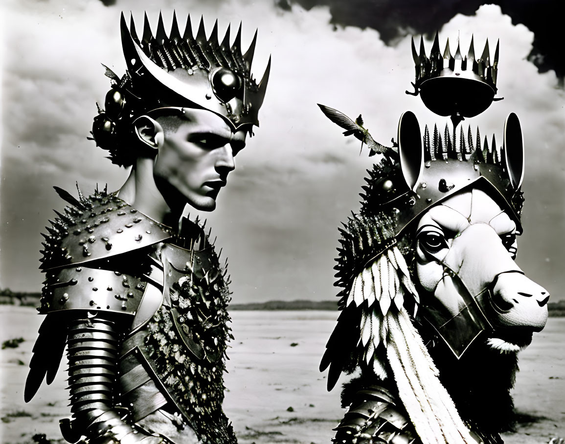 Monochrome photo of human and equine figures in spiked armor and crowns