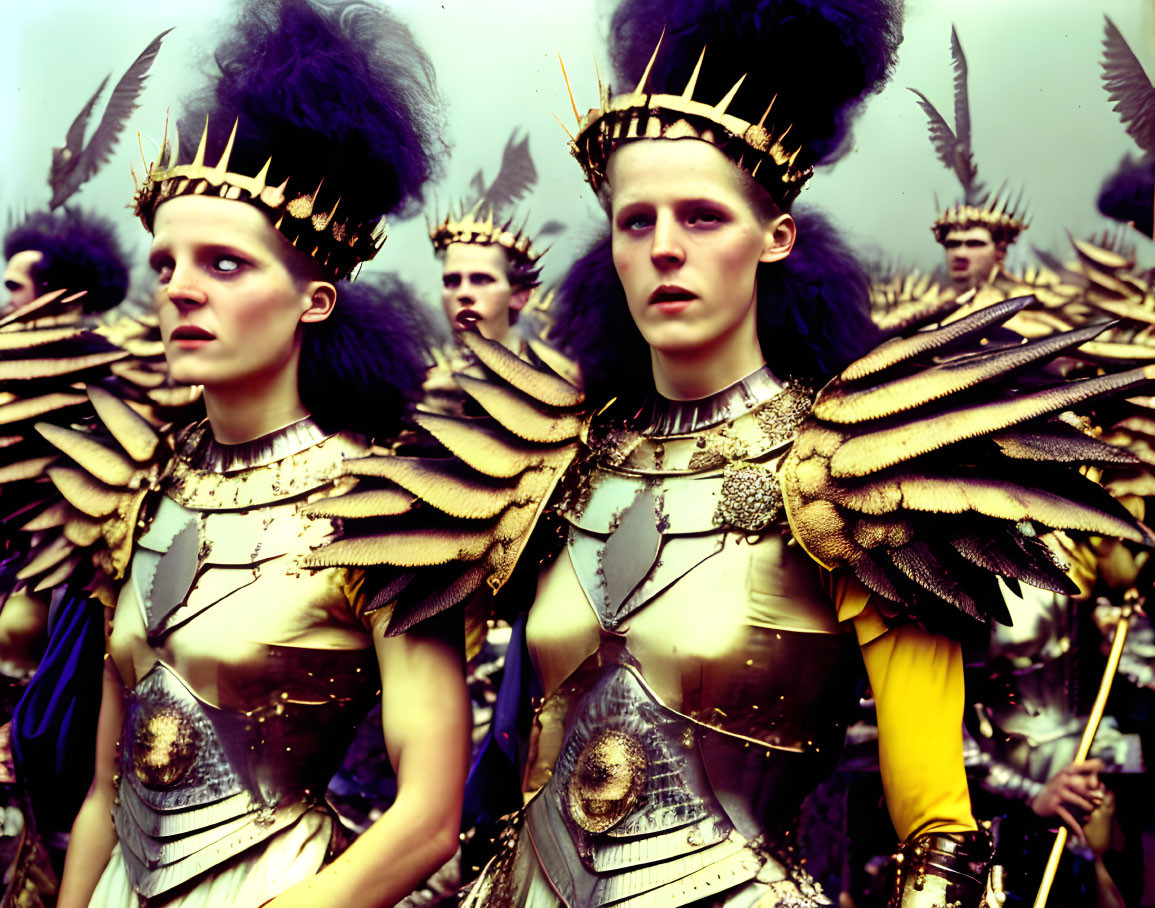 Group in ornate golden costumes with wing-like shoulder pieces and crown-like headgear