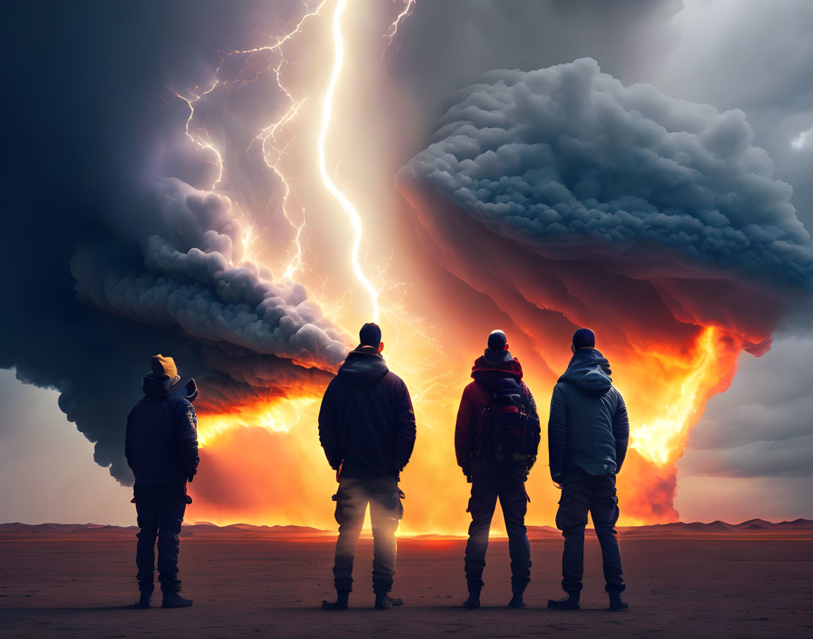 Four individuals witnessing lightning strikes during a dramatic desert thunderstorm