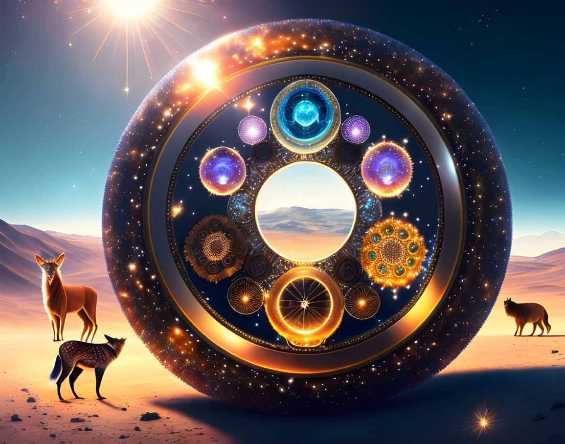 Surreal animal-themed cosmic wheel in desert landscape