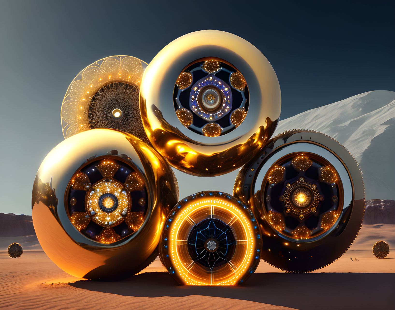 Surreal landscape with golden fractal spheres in desert setting