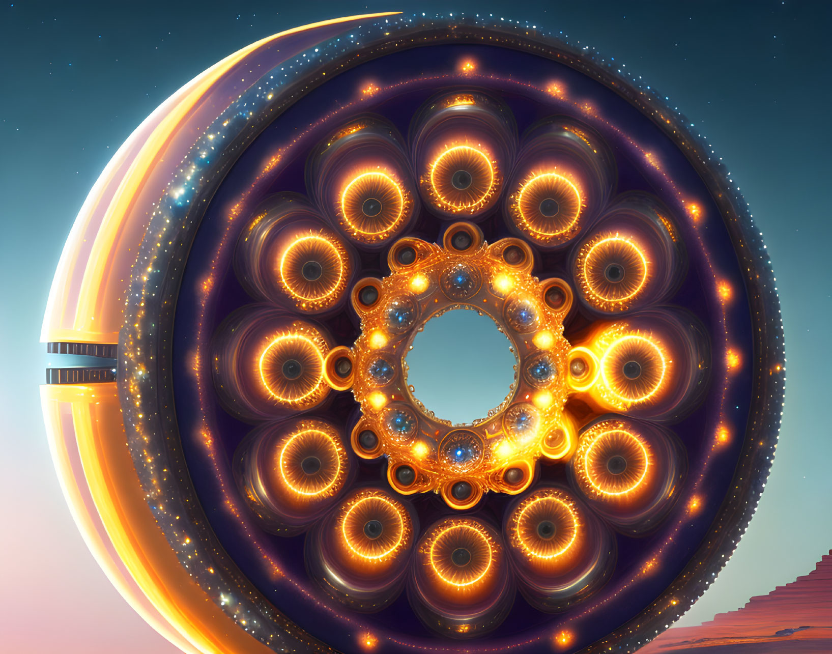 Ornate glowing circular space structure on alien planet at dusk