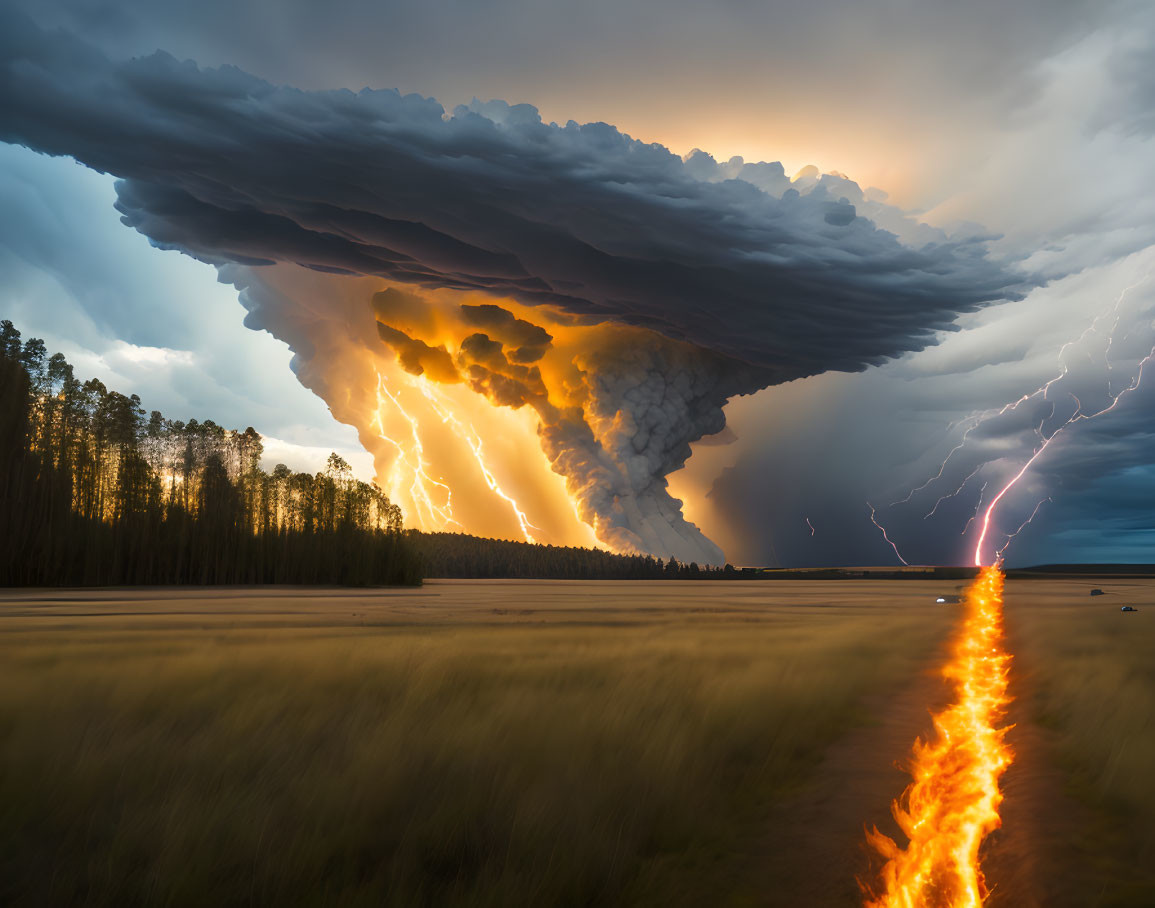 Intense thunderstorm cloud with lightning bolts over a plain