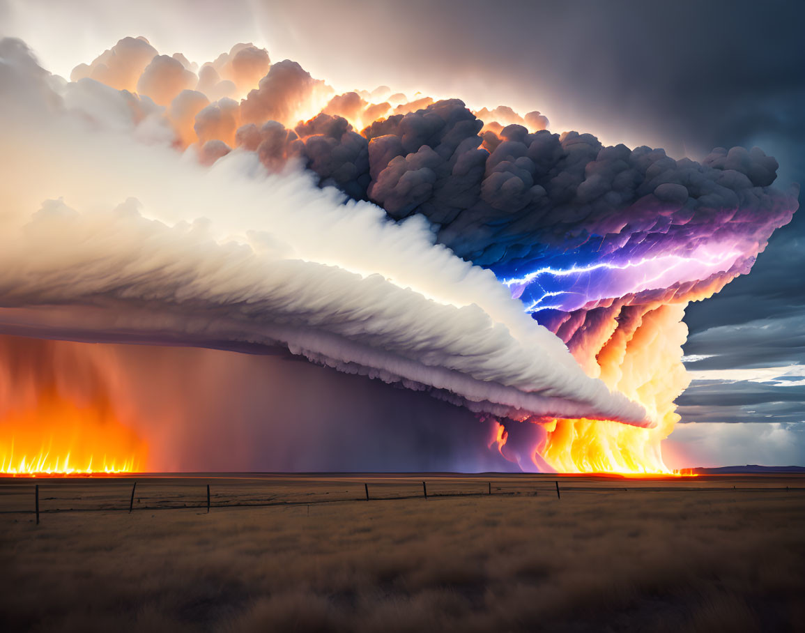 Fiery supercell storm with lightning strikes in orange and purple sky