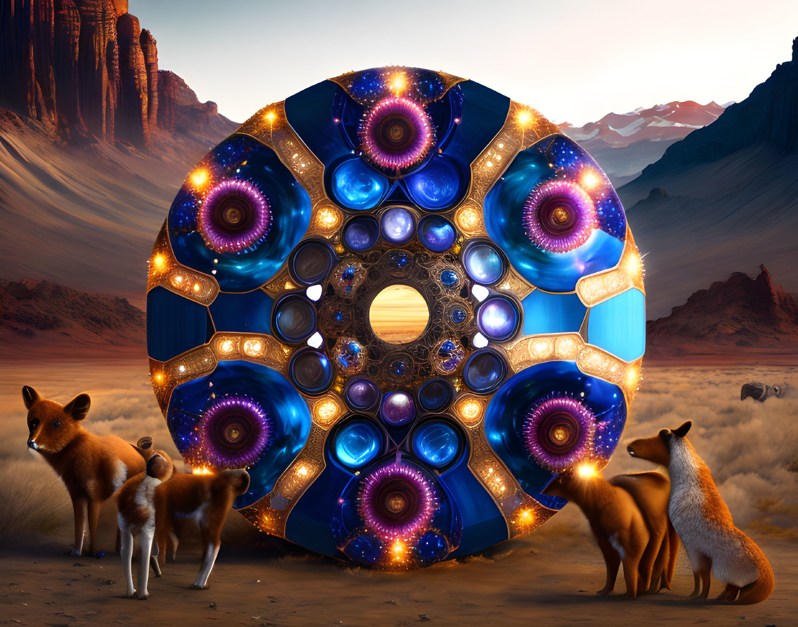 Ornate circular cosmic design with foxes in desert twilight
