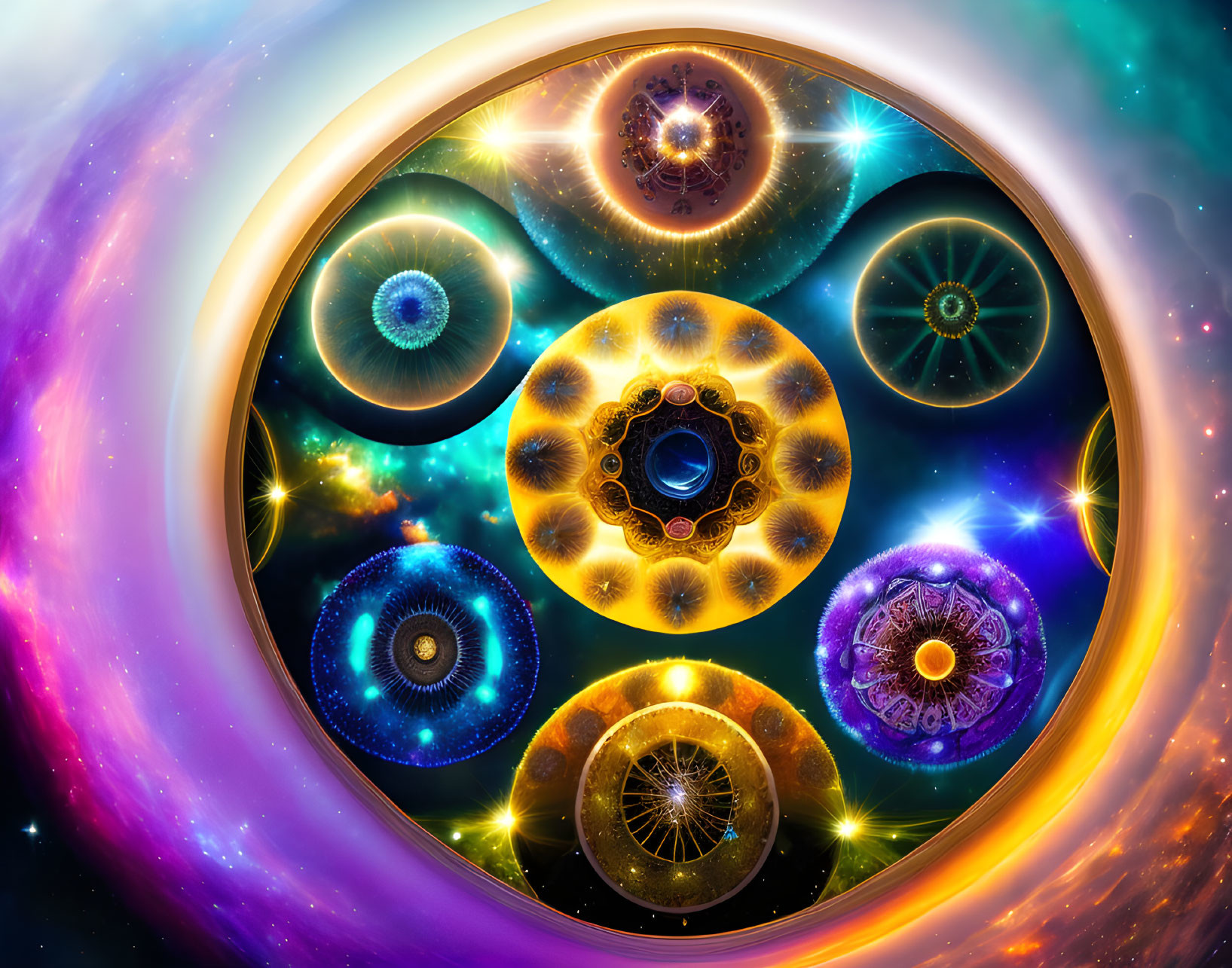 Colorful cosmic-themed graphic with swirling fractal patterns depicting celestial objects in circular composition.