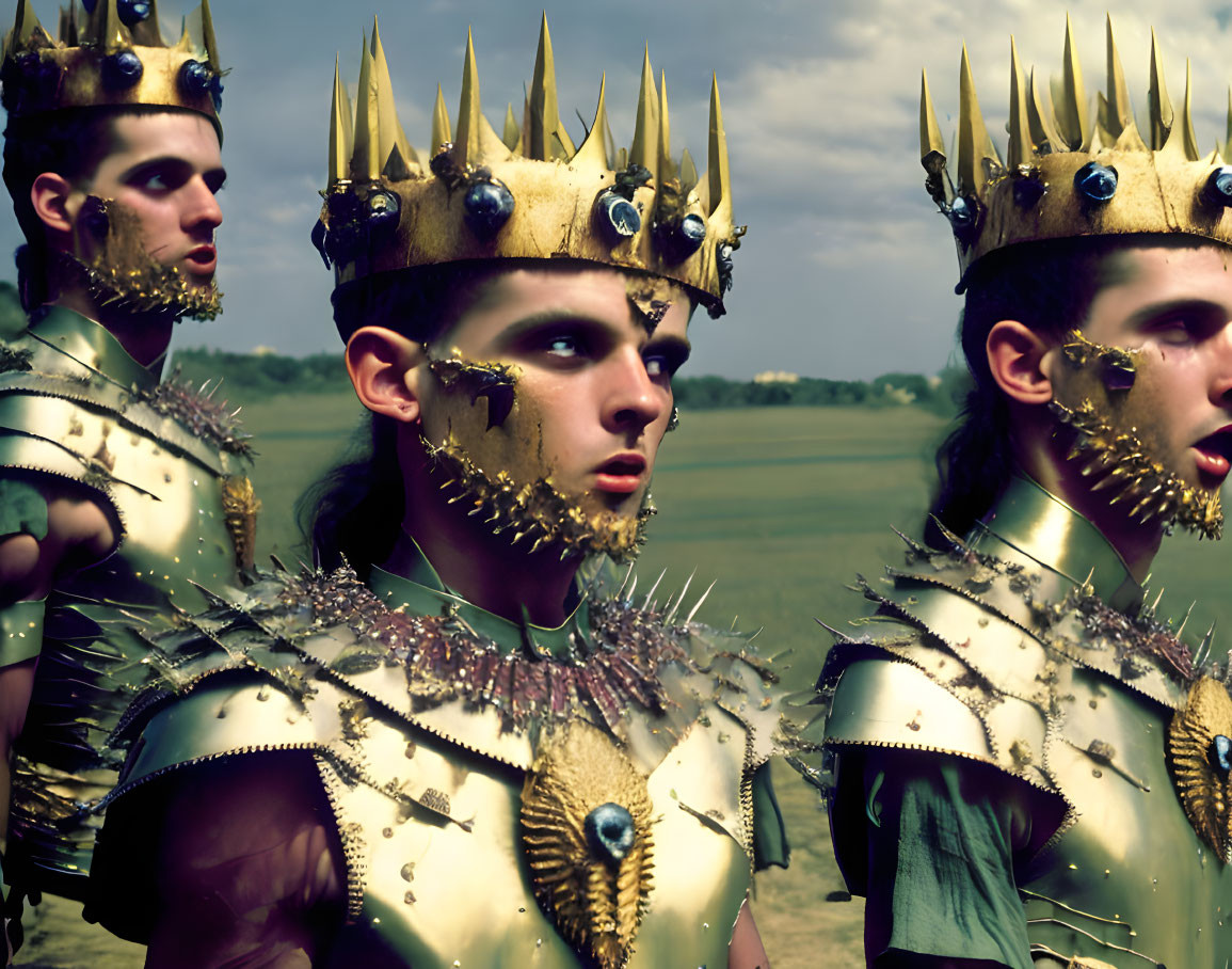 Three individuals in ornate crowns and spiky gold armor in a regal and fantastical