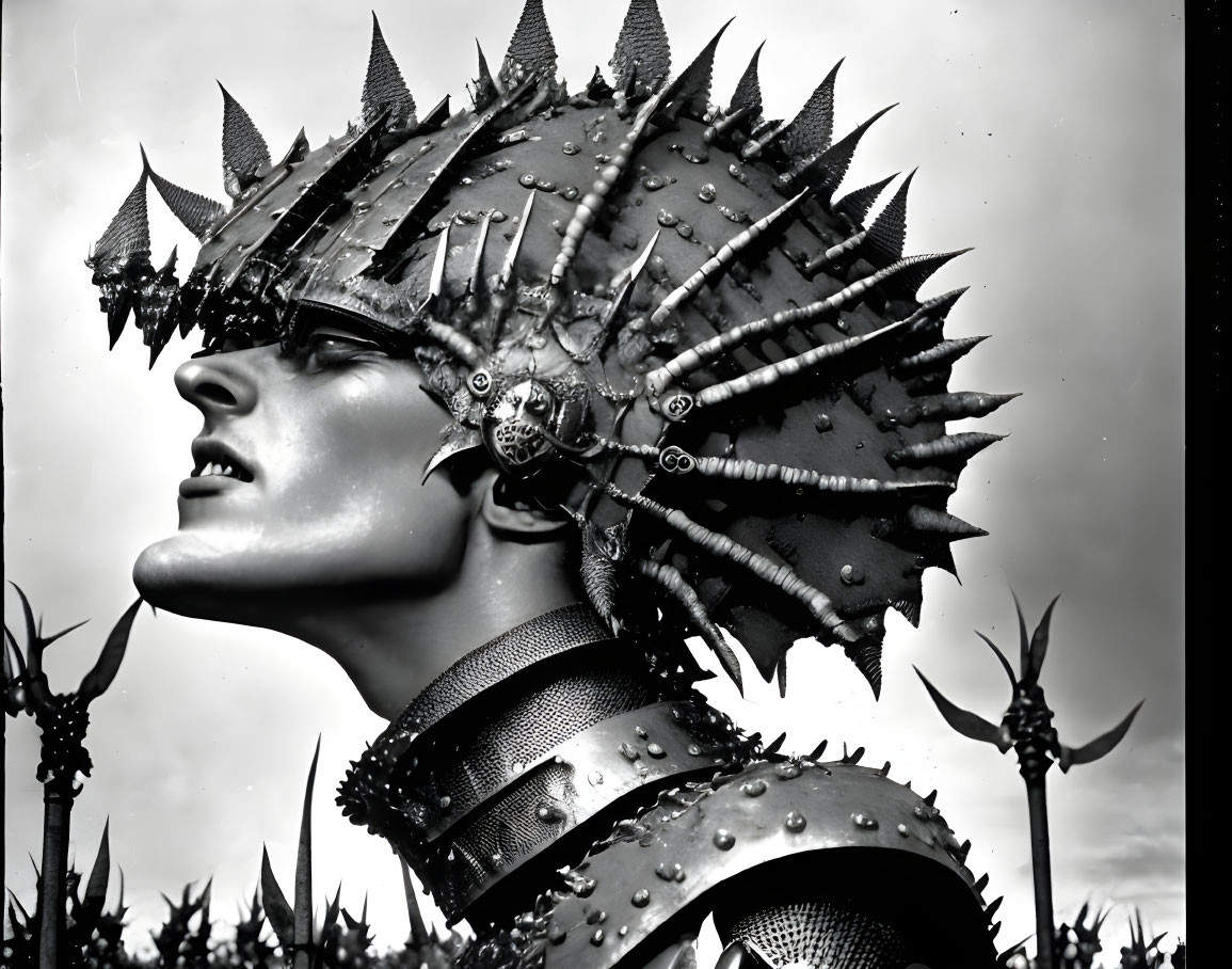 Elaborate Spiked Helmet and Shoulder Armor Against Cloudy Sky