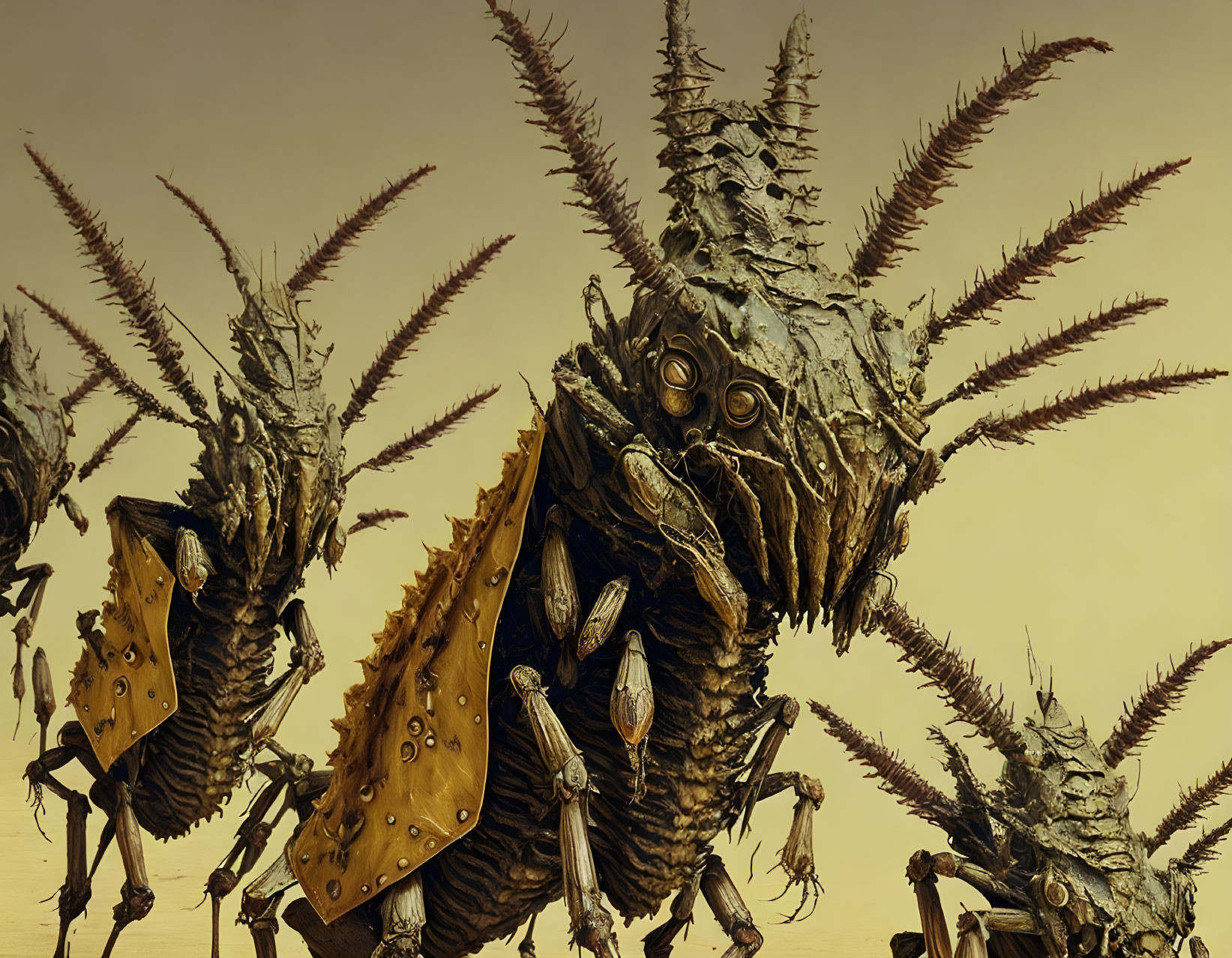 Fantasy illustration of armored creatures with spiked backs and shields on sepia backdrop