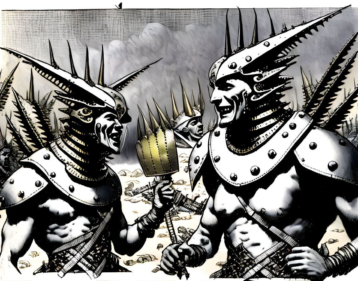 Two spike-armored warriors with maces in dramatic setting