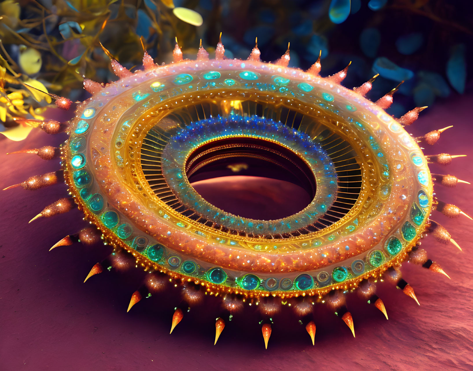 Colorful Toroidal Object with Spikes and Glowing Accents on Textured Surface