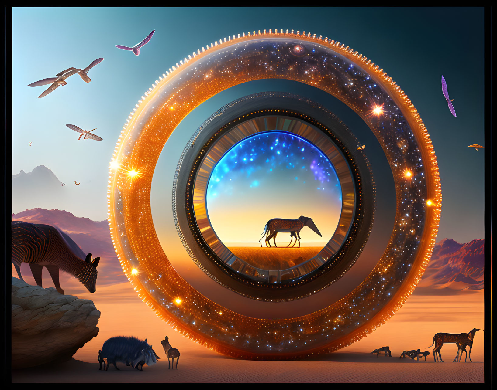 Surreal wildlife scenes through ring-shaped portals at twilight