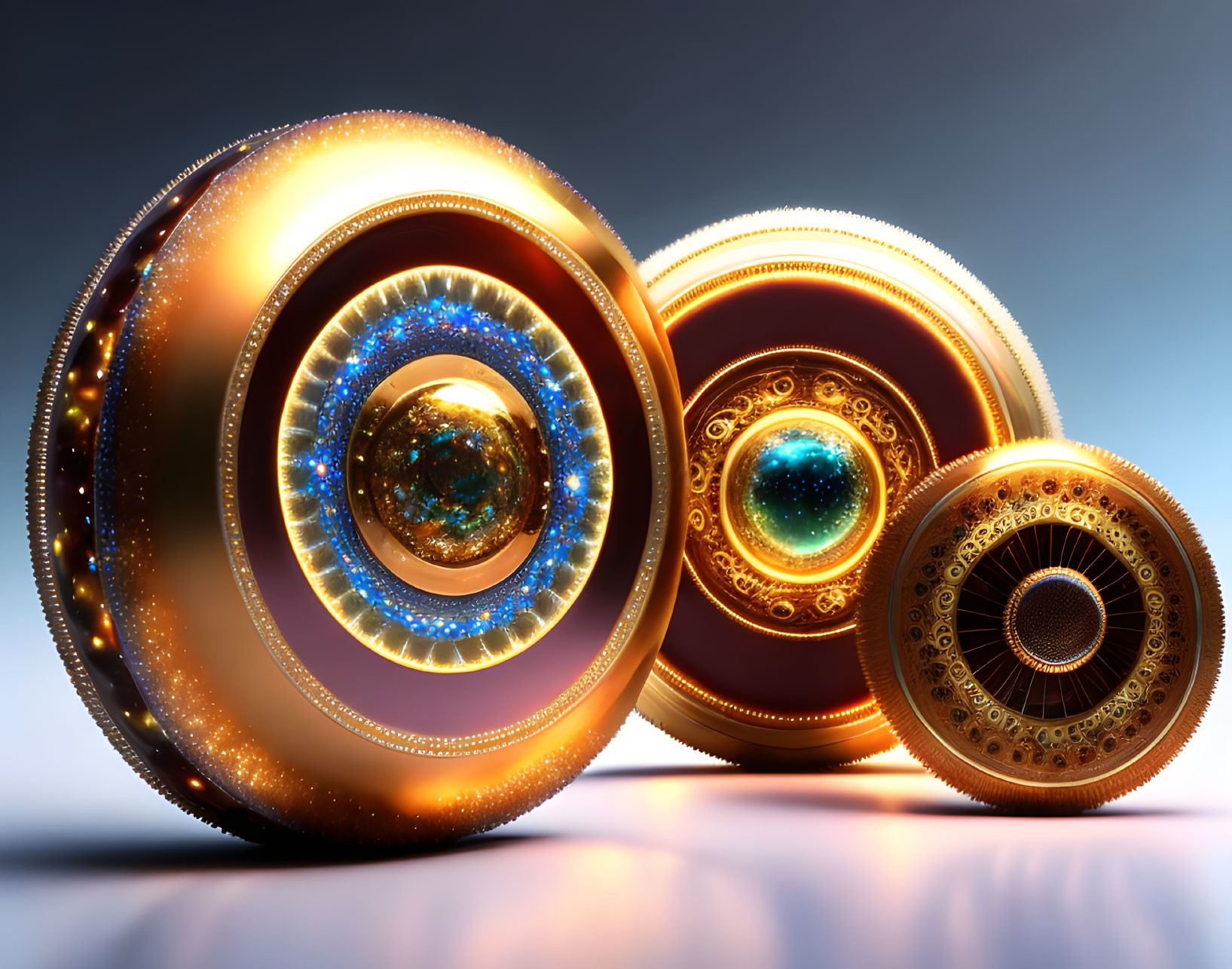 Golden mechanical wheels with glowing blue accents on blue gradient background