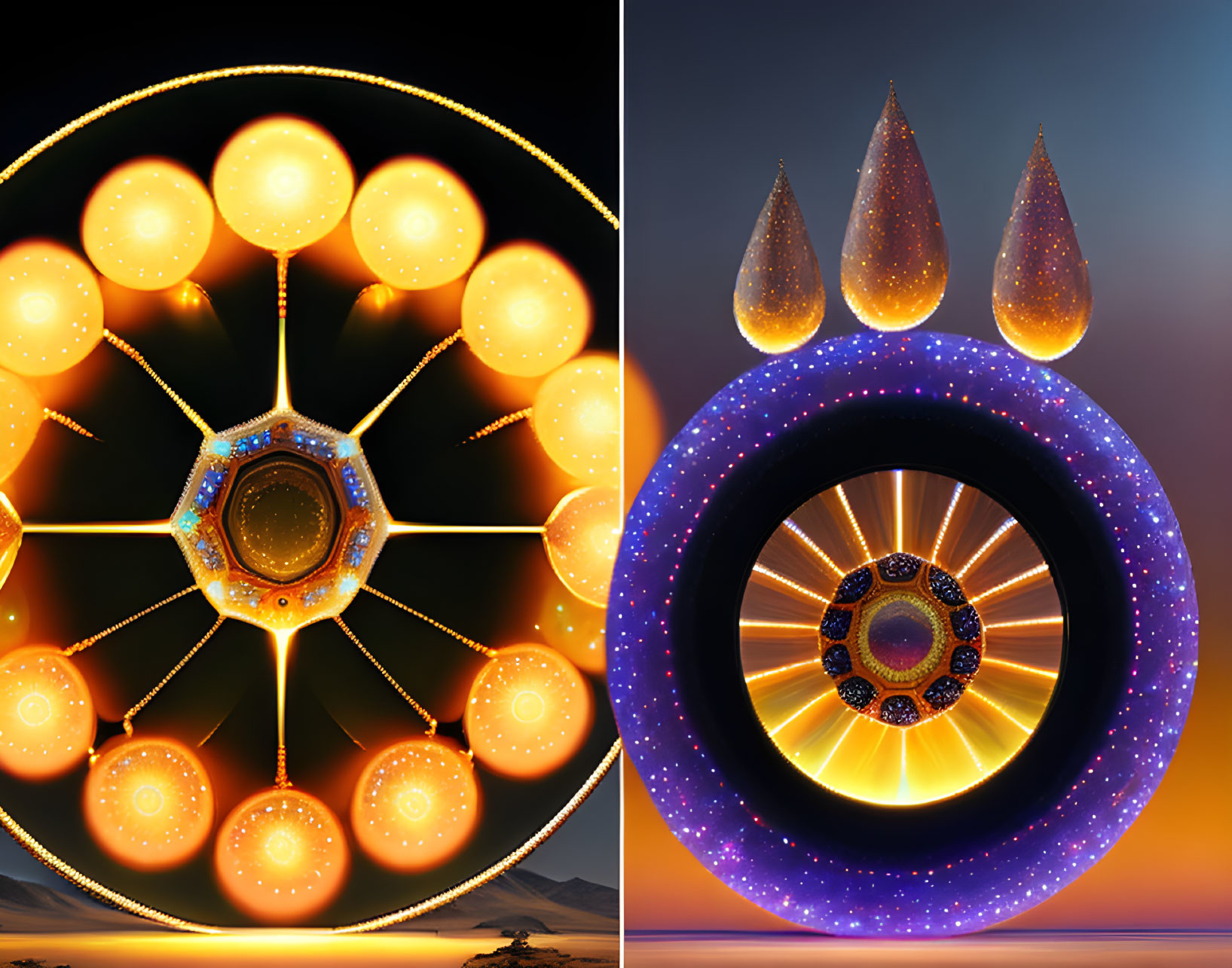 Abstract Images: Glowing Circles with Intricate Patterns on Dark Backgrounds