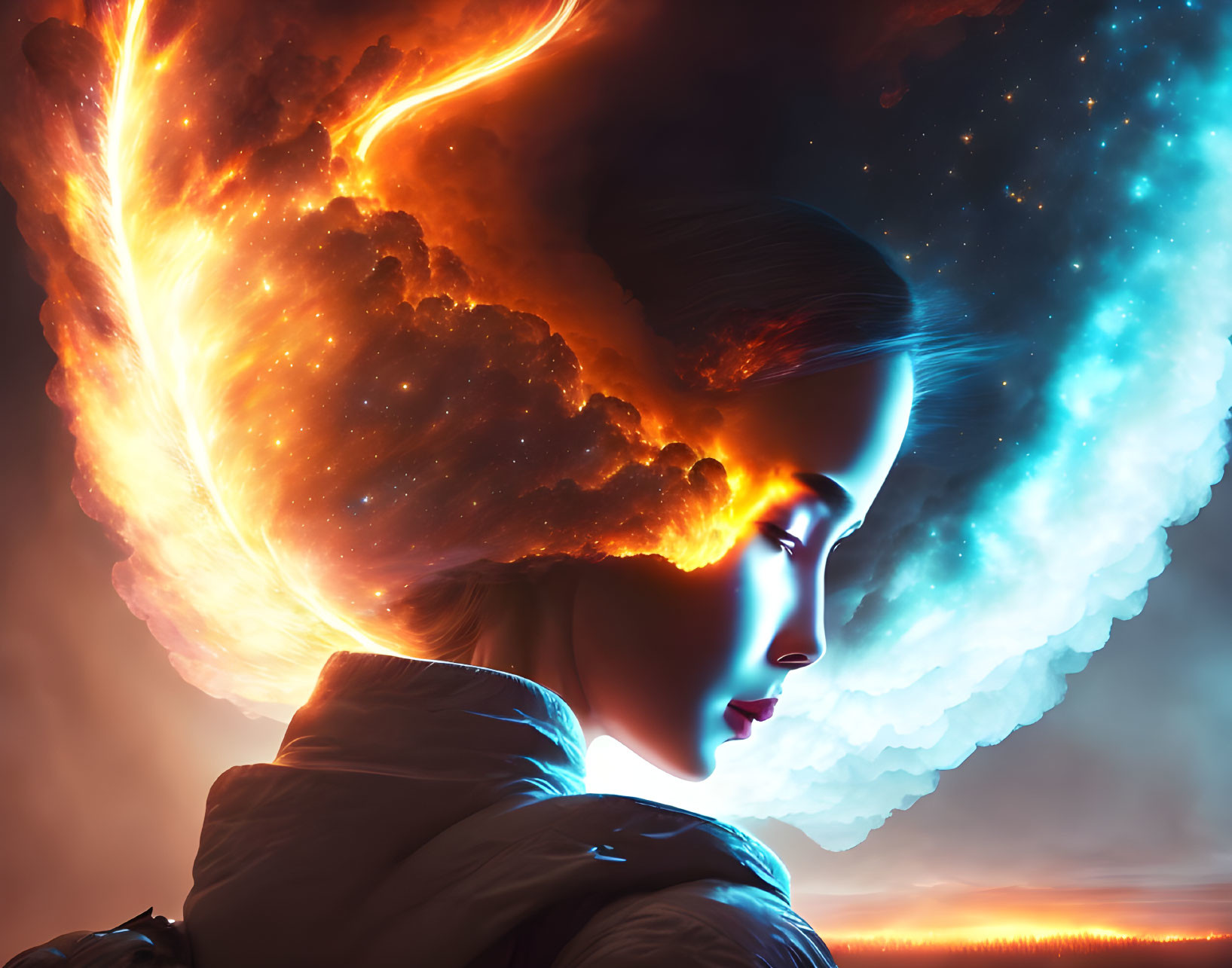 Digital artwork: Woman's profile with fiery cosmic hair explosion