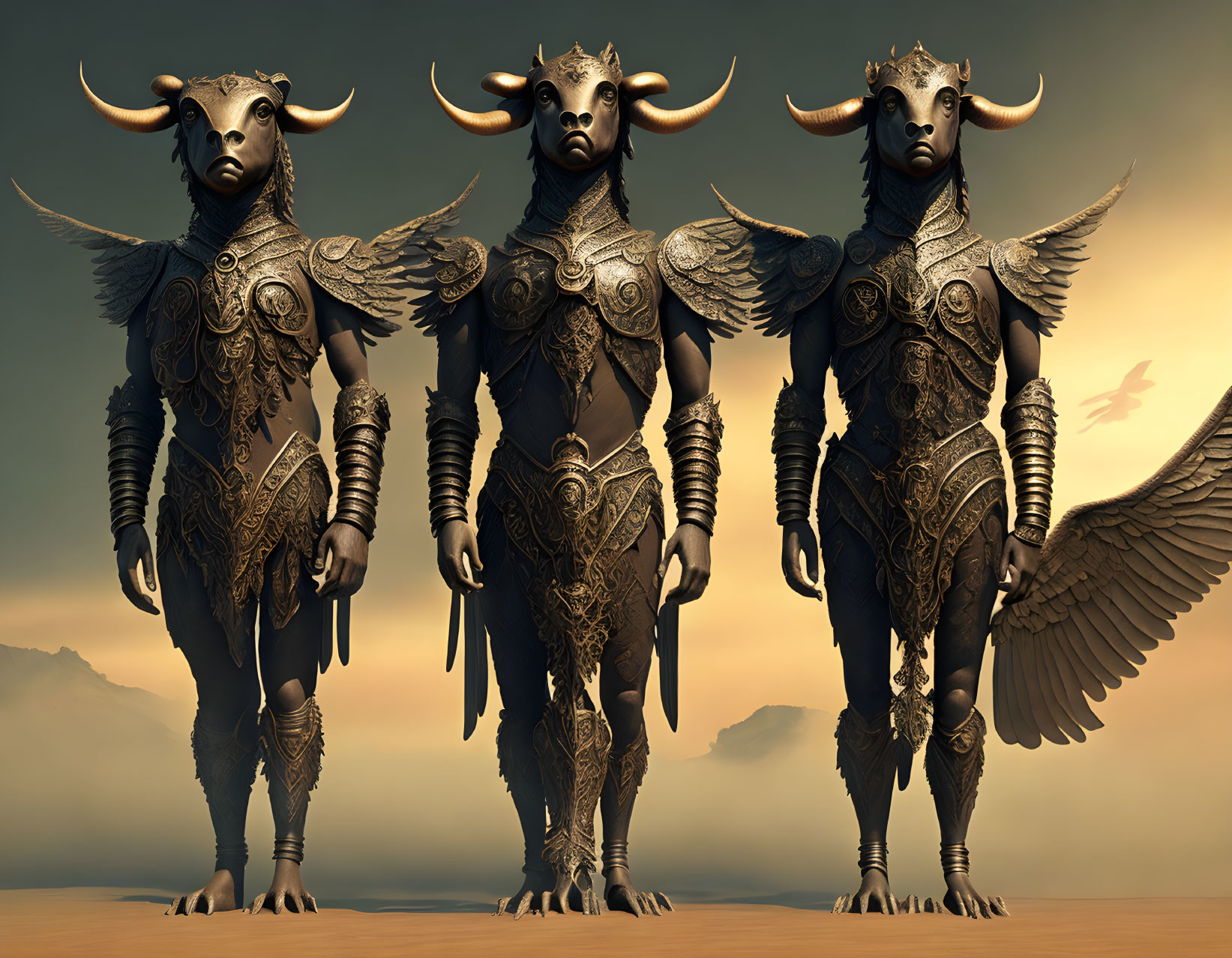 Bovine-headed humanoid figures in ornate armor in desert landscape