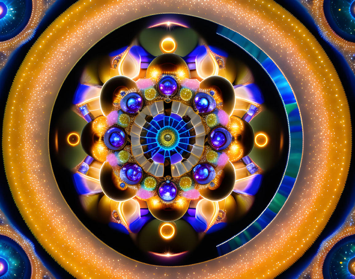 Symmetrical fractal image in blues, oranges, and yellows