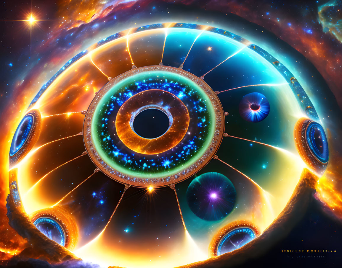 Colorful digital artwork of circular mechanical structure in cosmic setting