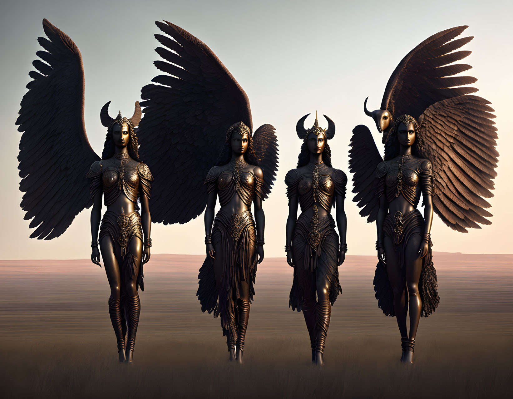 Four Female Figures with Horns and Dark Wings in Desert Landscape at Dawn or Dusk